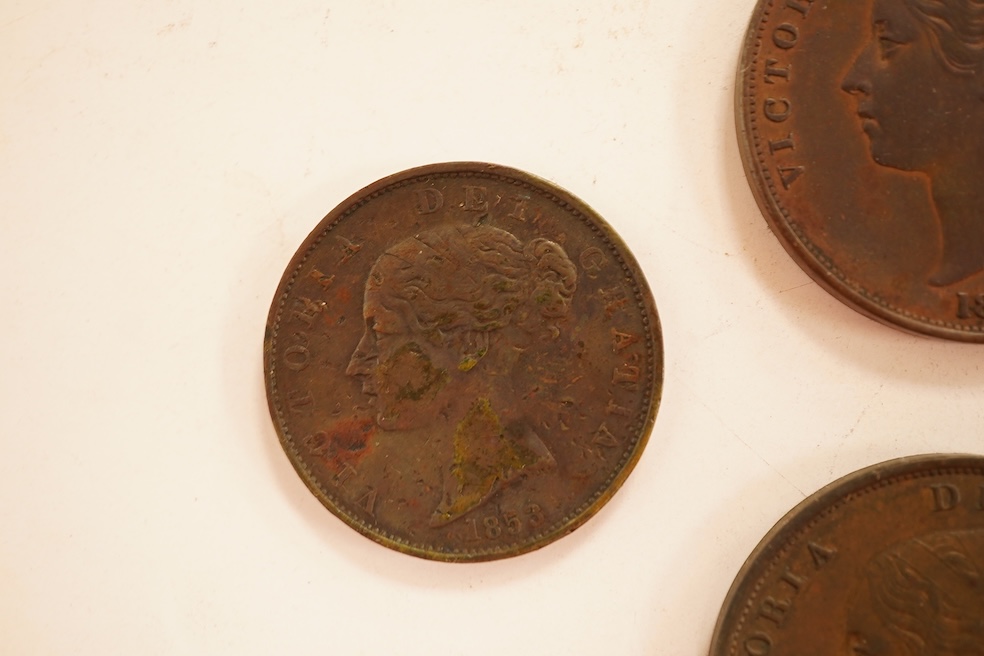 British copper coins;, Victoria, two pennies, 1858, good VF, dark toned, 1854, VF, dark toned, George III, halfpenny, 1773 and Isaac Newton farthing token, 1794